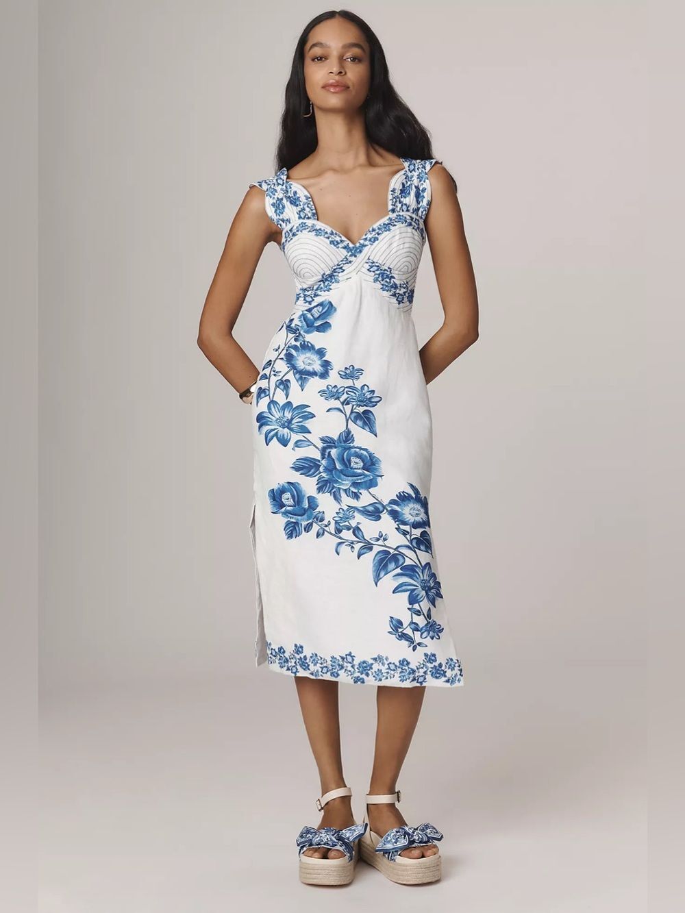 New Anthropologie Farm Rio Floral Cascade Wavy Linen Sleeveless Midi Dress L